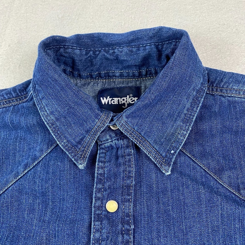 Wrangler mens denim Shirt XL Pearl Snap Denim Western pockets thick - Picture 2 of 16